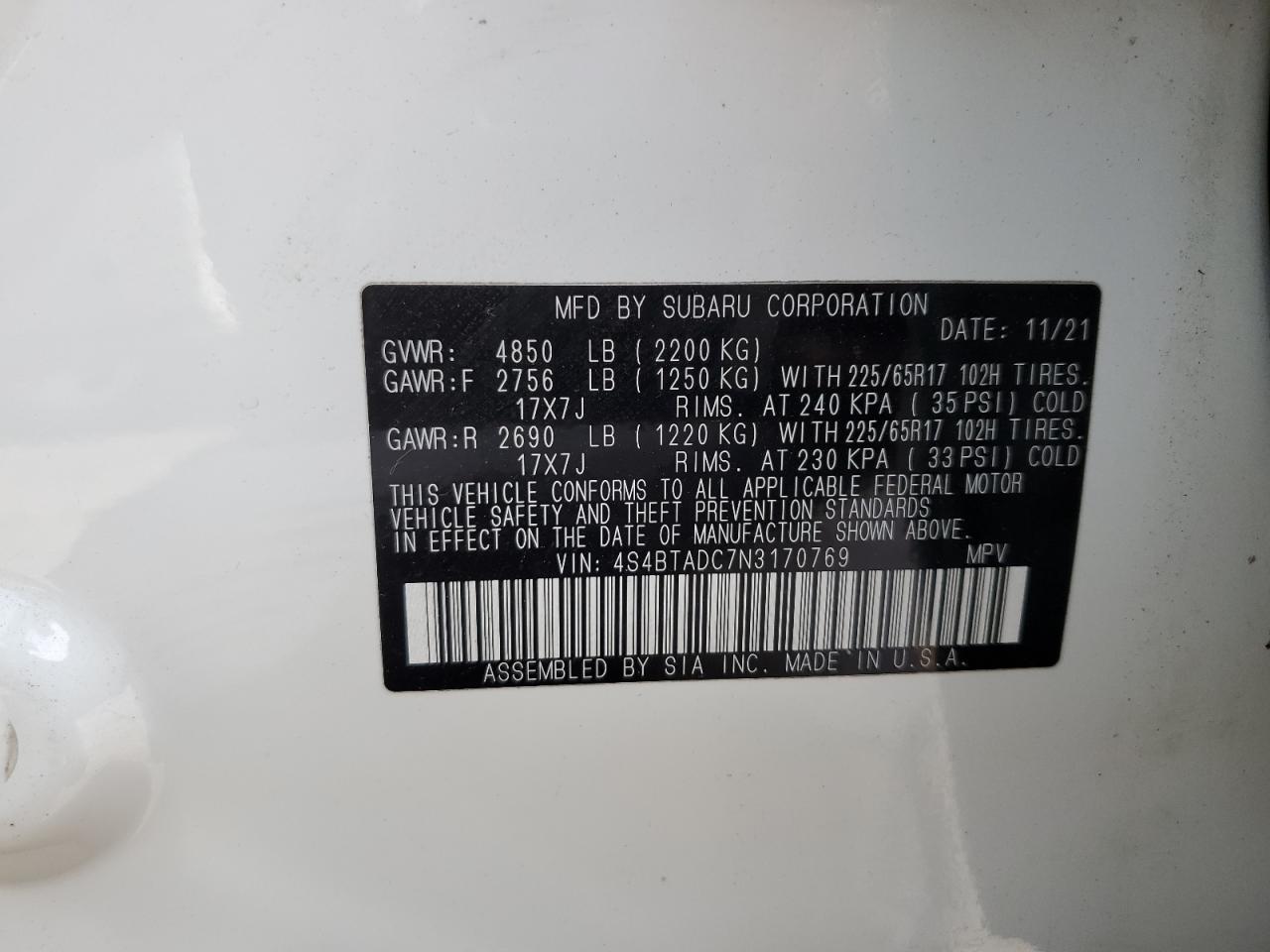 2022 Subaru Outback Premium VIN: 4S4BTADC7N3170769 Lot: 58902394