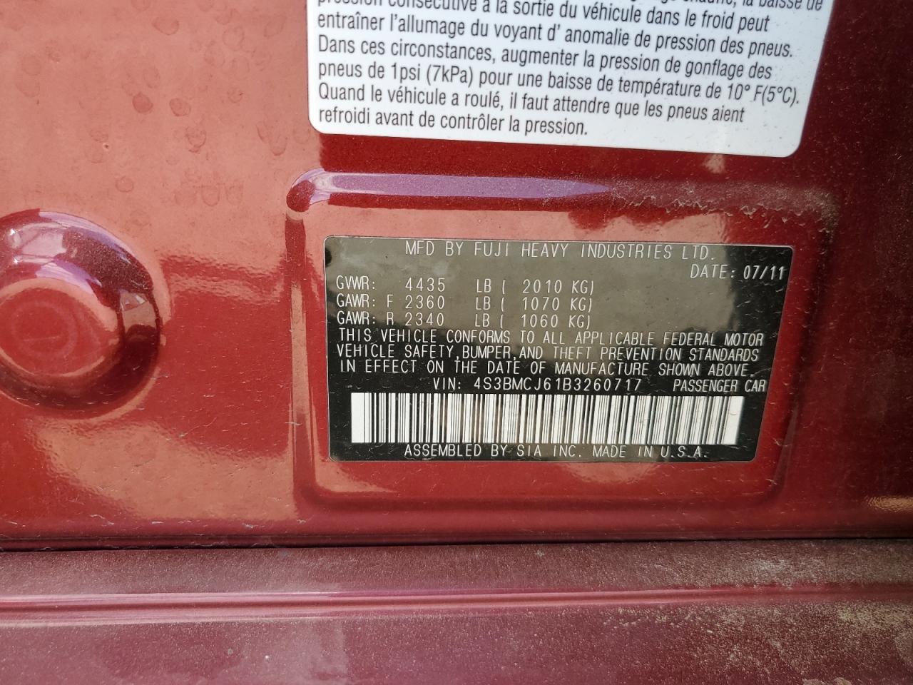 2011 Subaru Legacy 2.5I Limited VIN: 4S3BMCJ61B3260717 Lot: 59291004