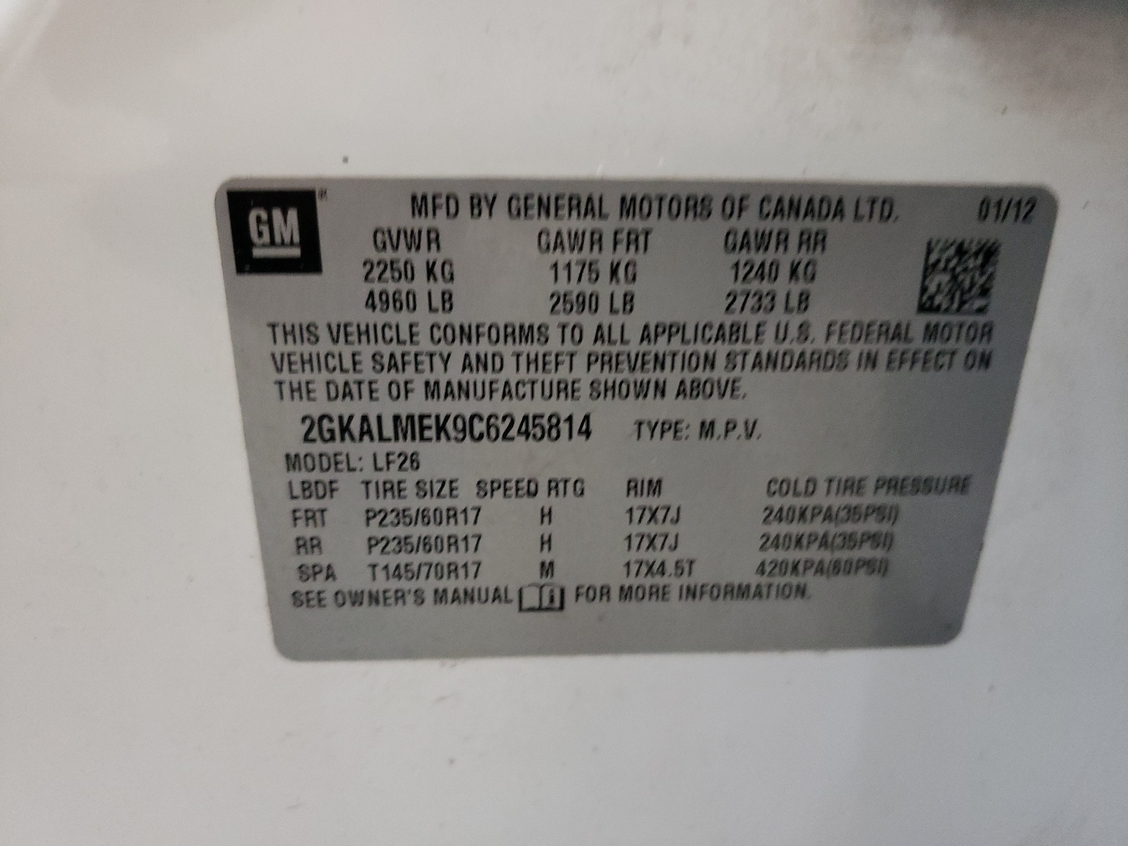 2GKALMEK9C6245814 2012 GMC Terrain Sle