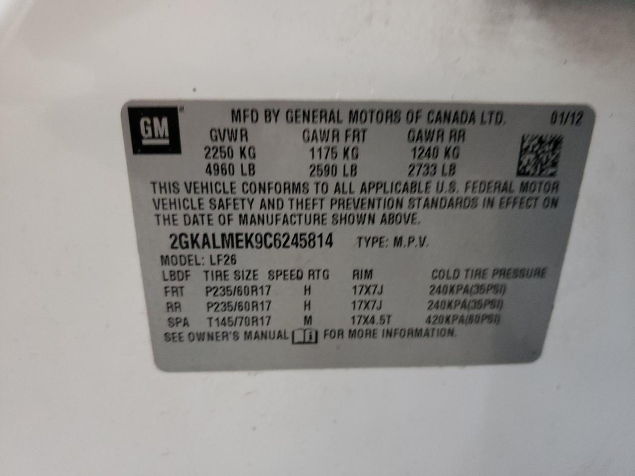 2012 GMC Terrain Sle VIN: 2GKALMEK9C6245814 Lot: 60317594