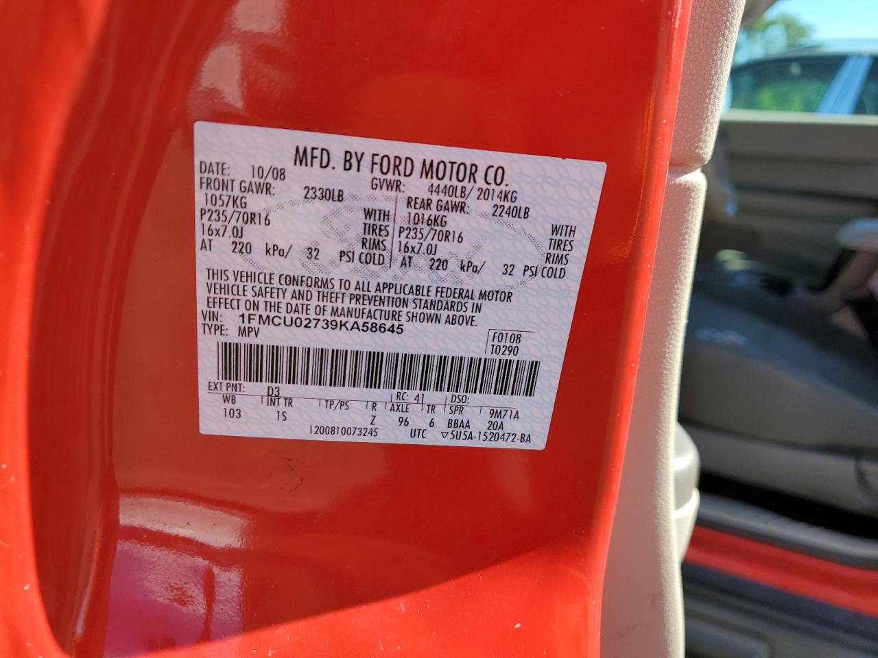 2009 Ford Escape Xls VIN: 1FMCU02739KA58645 Lot: 60889294