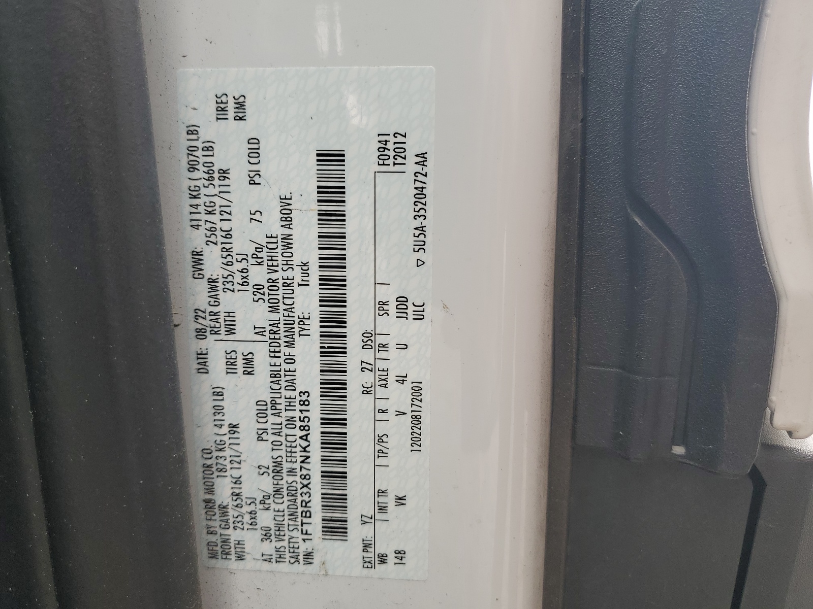 1FTBR3X87NKA85183 2022 Ford Transit T-250