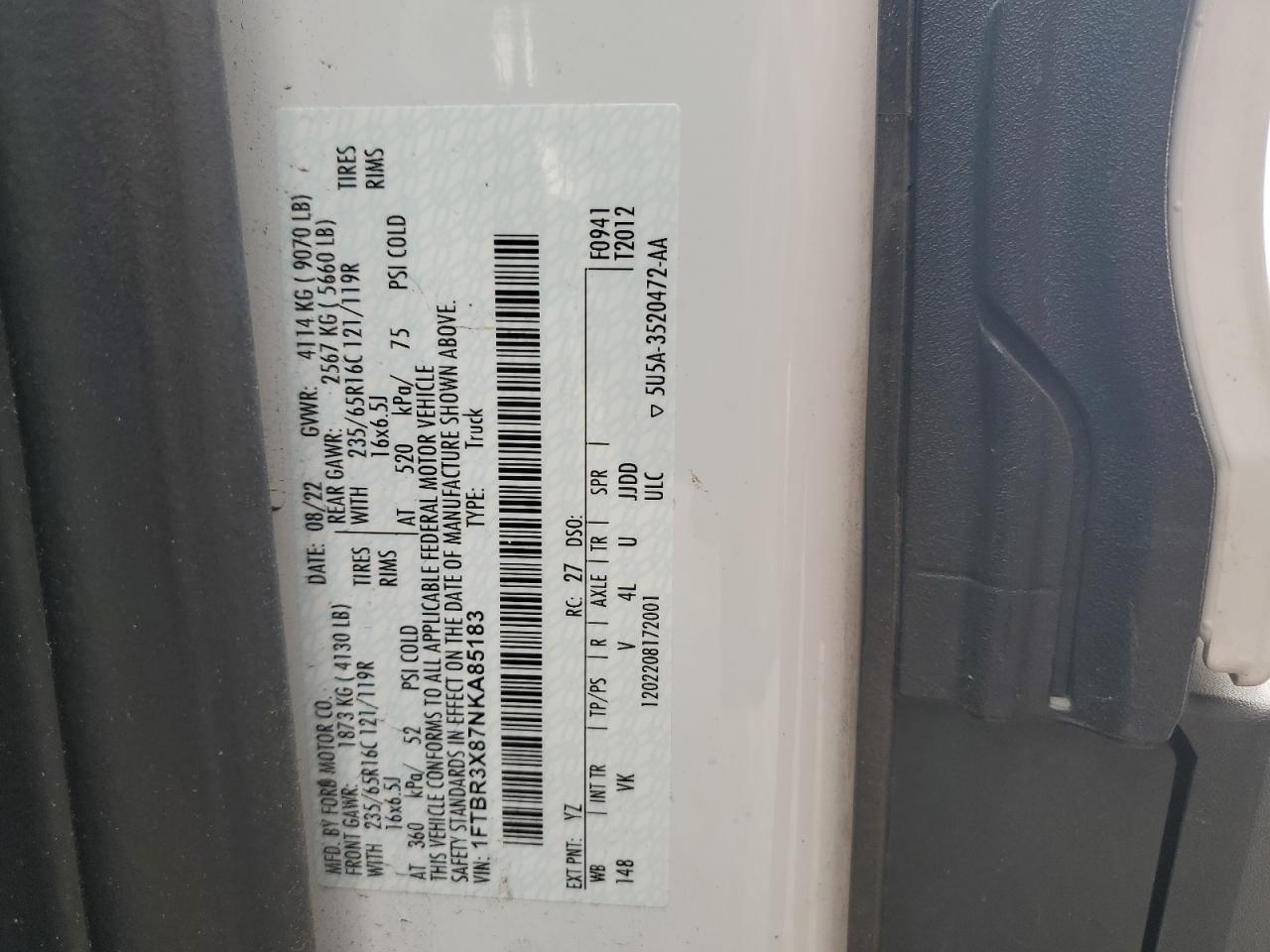 2022 Ford Transit T-250 VIN: 1FTBR3X87NKA85183 Lot: 58618254