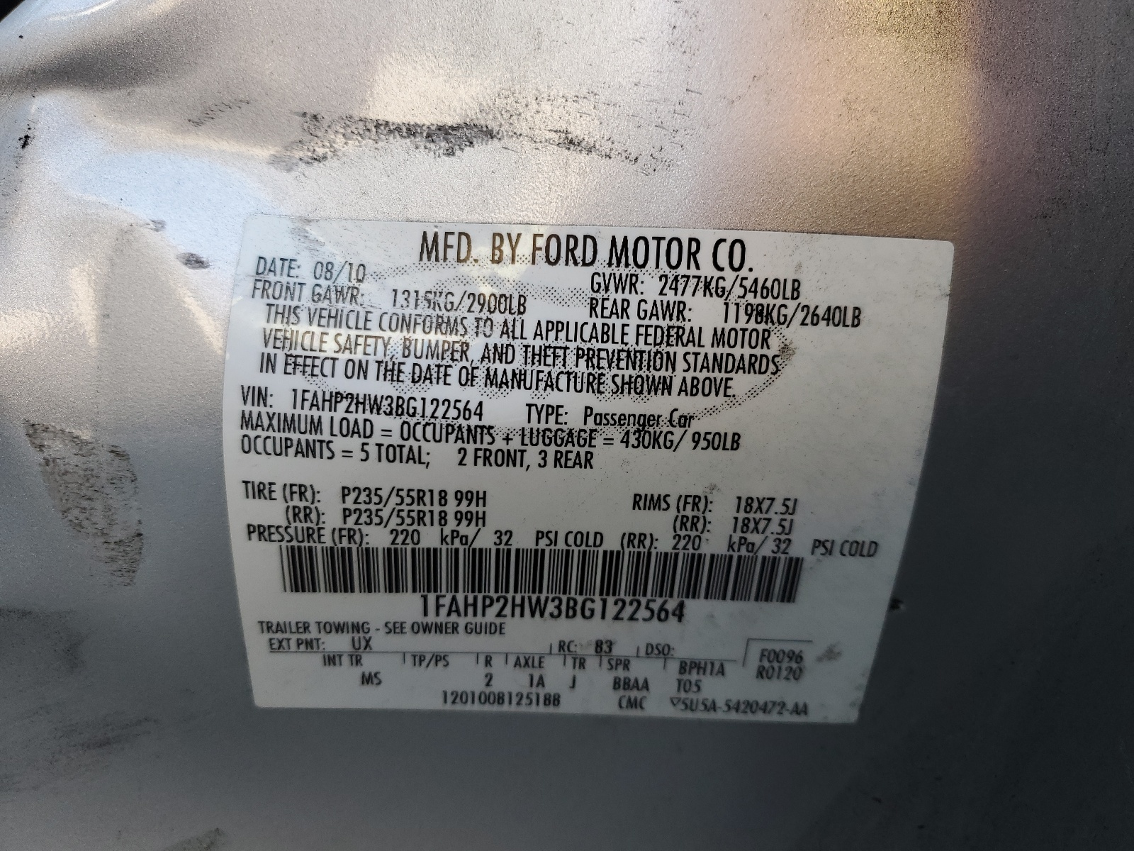 1FAHP2HW3BG122564 2011 Ford Taurus Sel