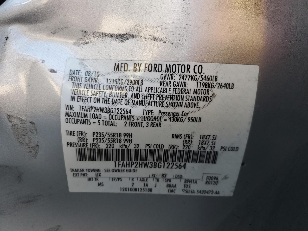 2011 Ford Taurus Sel VIN: 1FAHP2HW3BG122564 Lot: 60847654