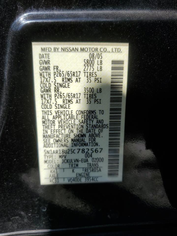 2005 Nissan Pathfinder Le VIN: 5N1AR18U25C782567 Lot: 60499554