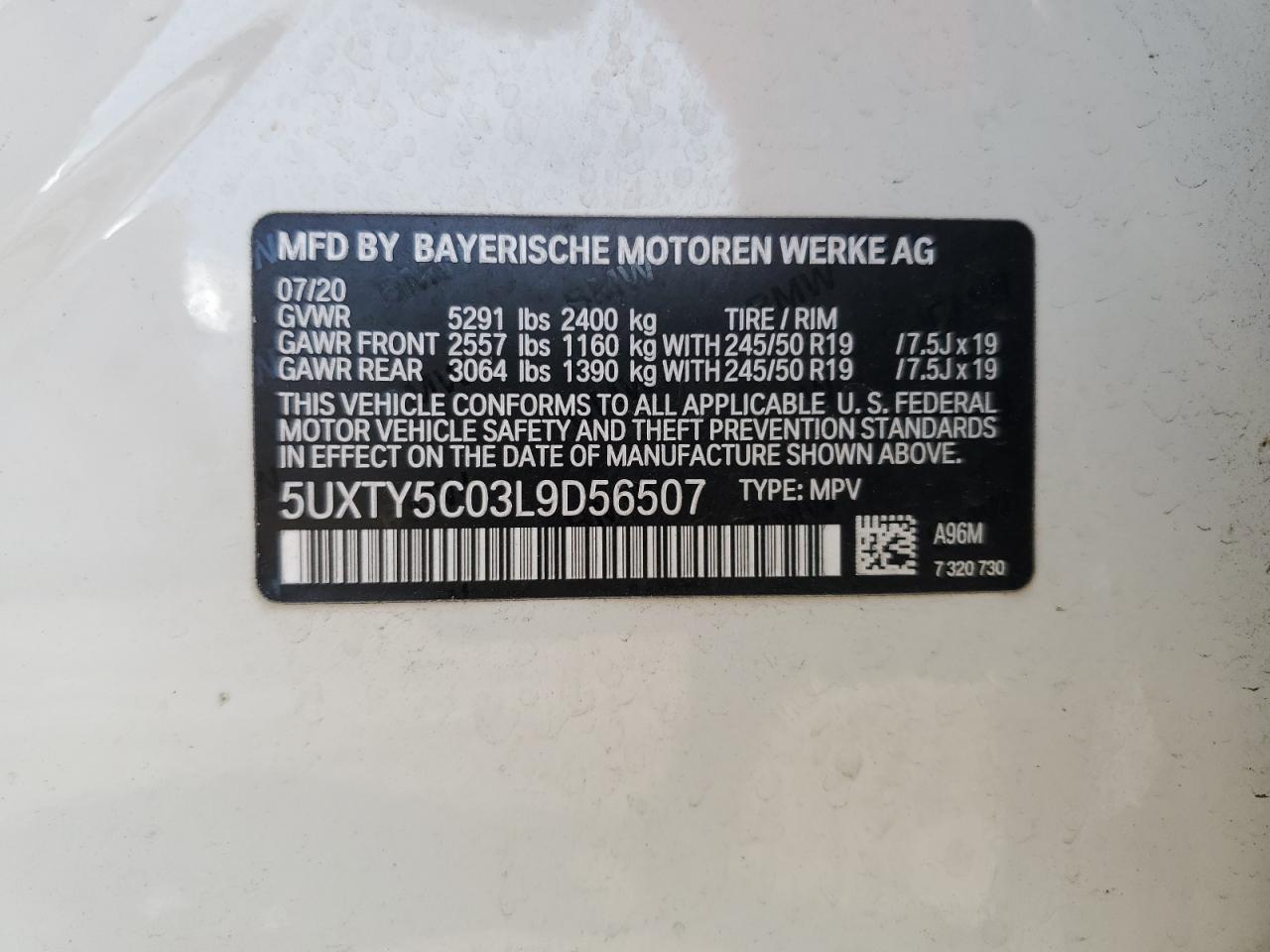 2020 BMW X3 xDrive30I VIN: 5UXTY5C03L9D56507 Lot: 60591194