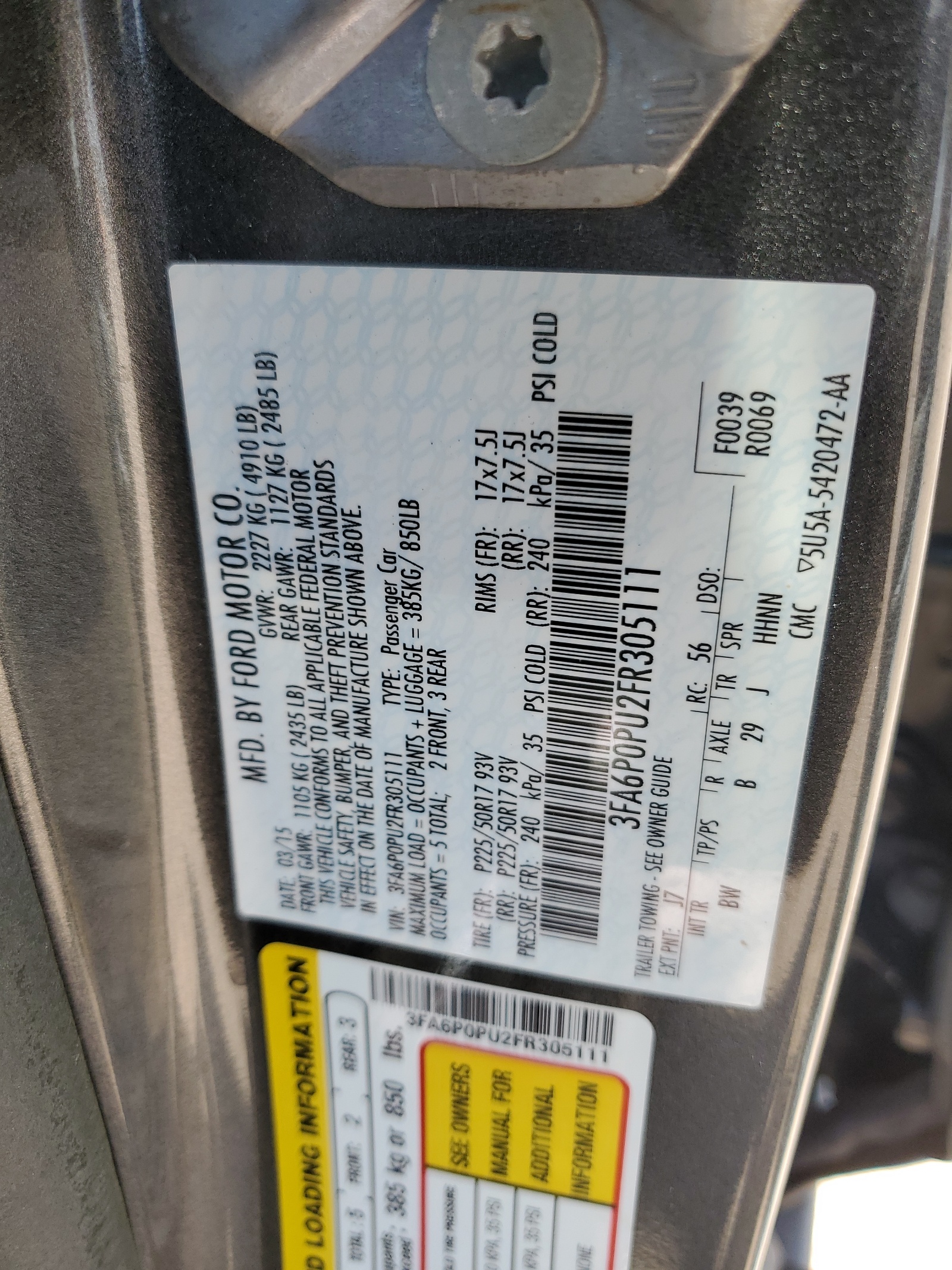 3FA6P0PU2FR305111 2015 Ford Fusion Se Phev