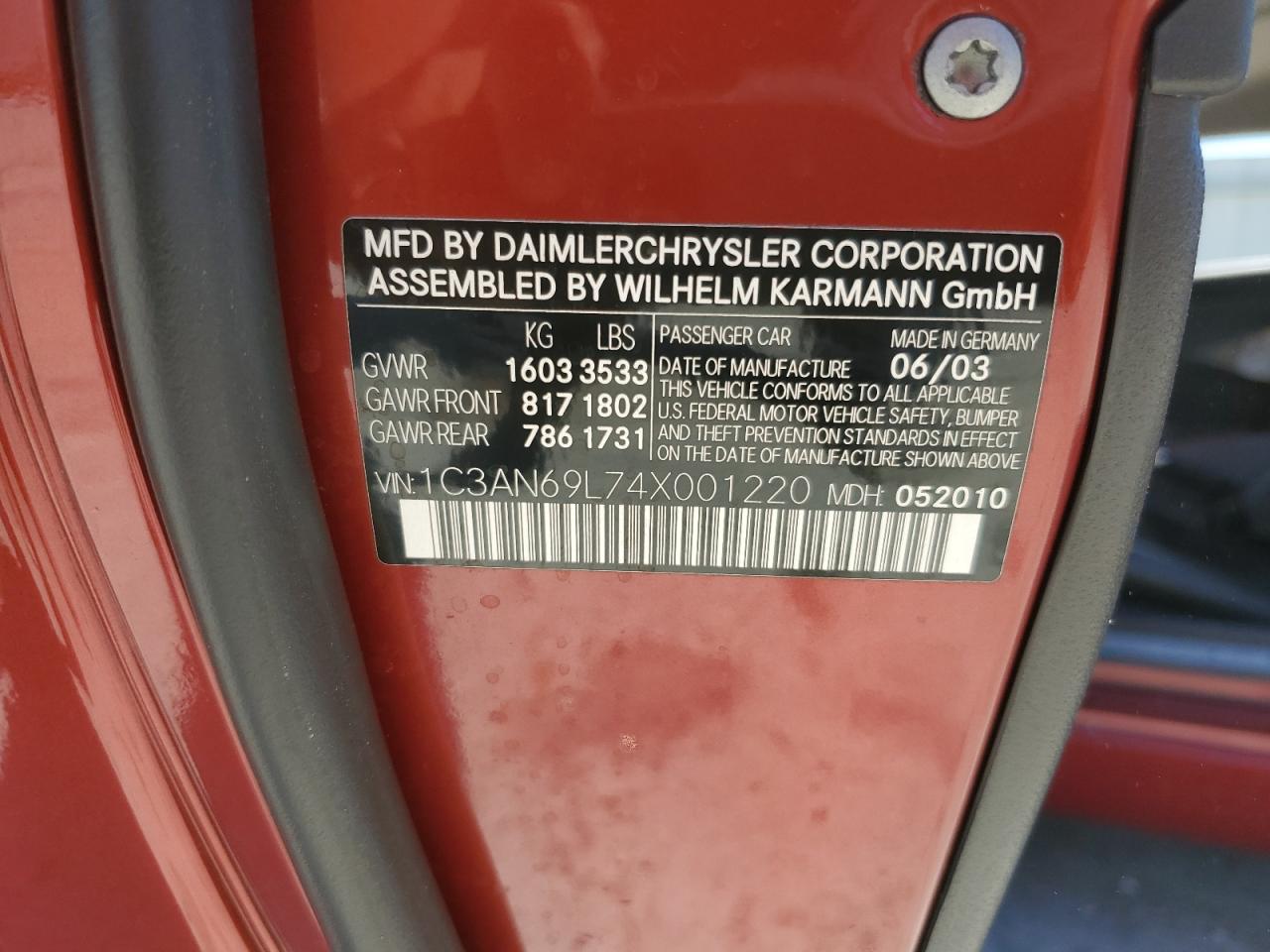 2004 Chrysler Crossfire Limited VIN: 1C3AN69L74X001220 Lot: 58845404