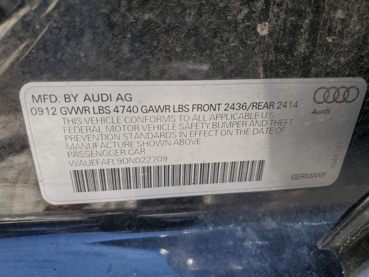 2013 Audi A4 Premium Plus VIN: WAUEFAFL9DN022709 Lot: 58303094