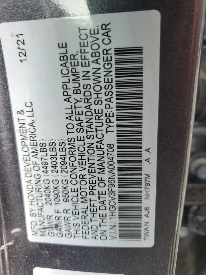 1HGCV3F96NA004708 2022 Honda Accord Touring Hybrid