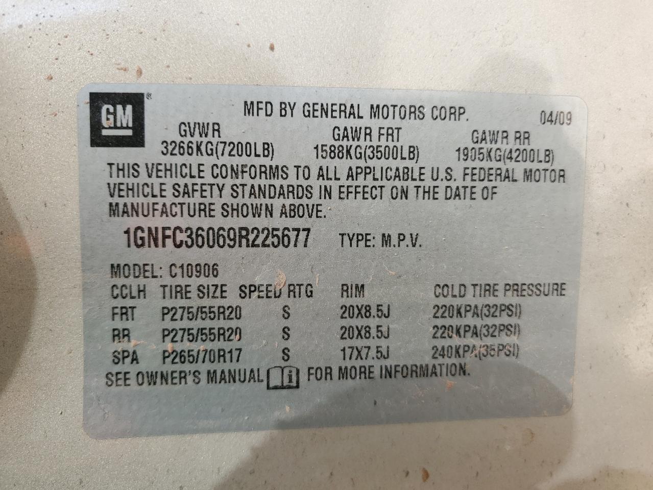 2009 Chevrolet Suburban C1500 Ltz VIN: 1GNFC36069R225677 Lot: 59063204