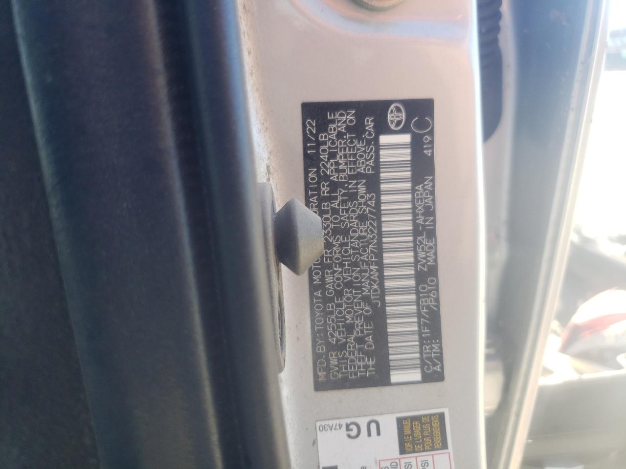 2022 Toyota Prius Prime Le VIN: JTDKAMFP7N3227743 Lot: 60154404