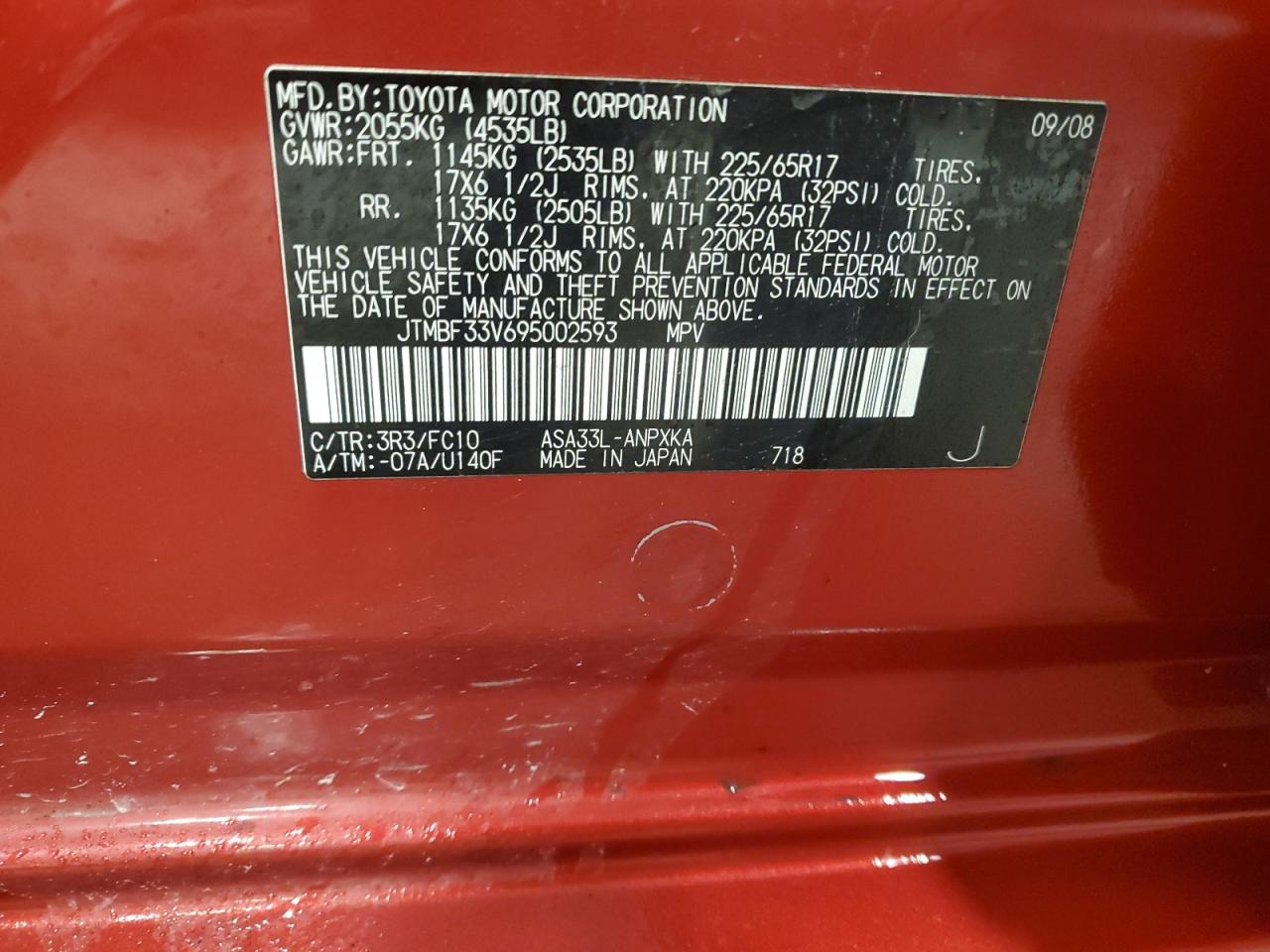 2009 Toyota Rav4 VIN: JTMBF33V695002593 Lot: 60852124