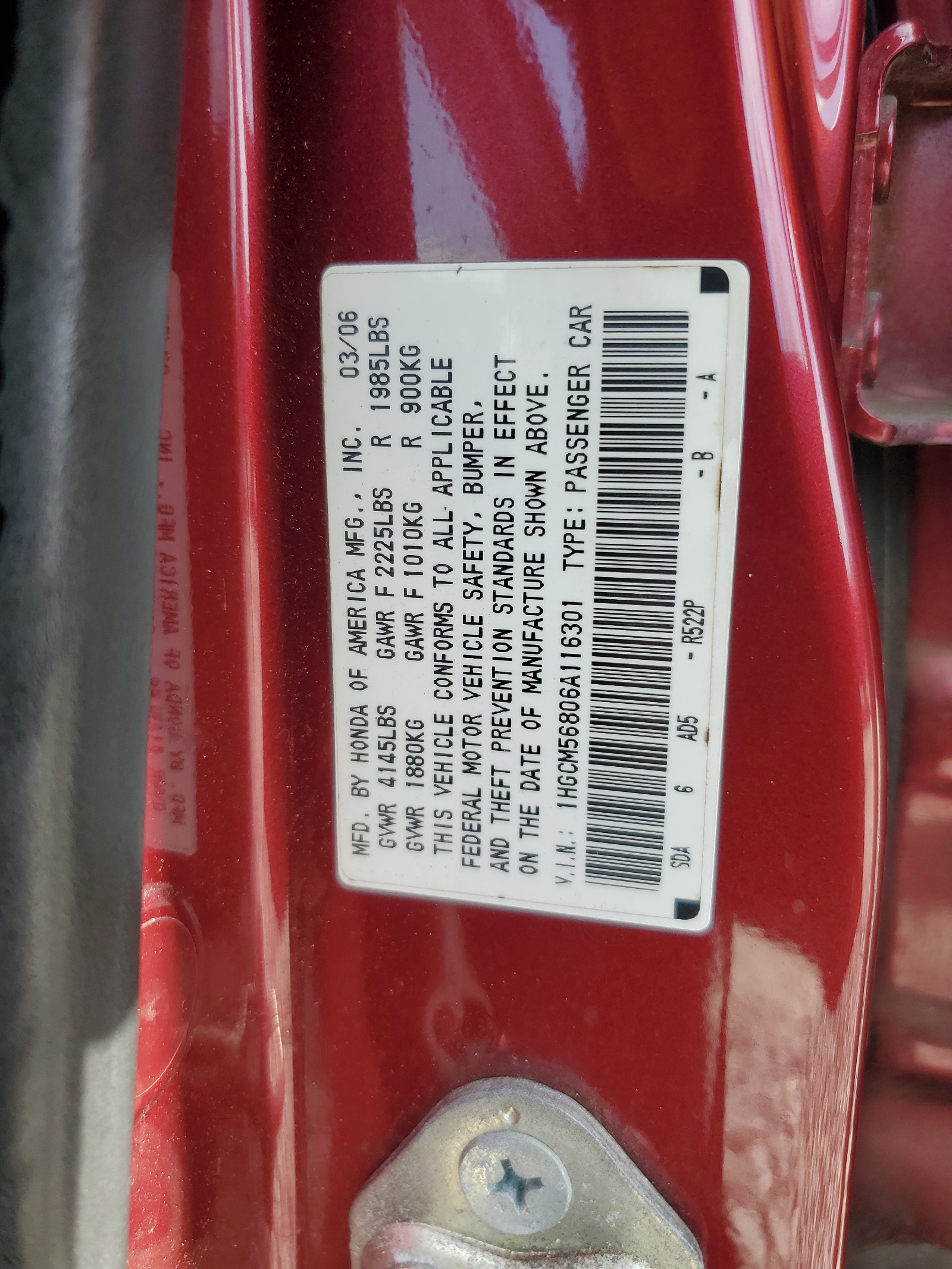 1HGCM56806A116301 2006 Honda Accord Ex