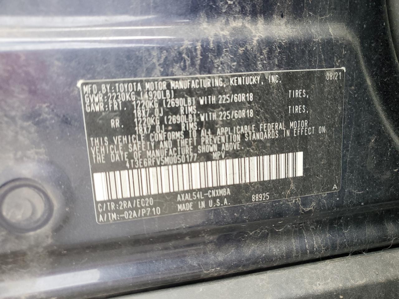 2021 Toyota Rav4 Xse VIN: 4T3E6RFV5MU050177 Lot: 57554164