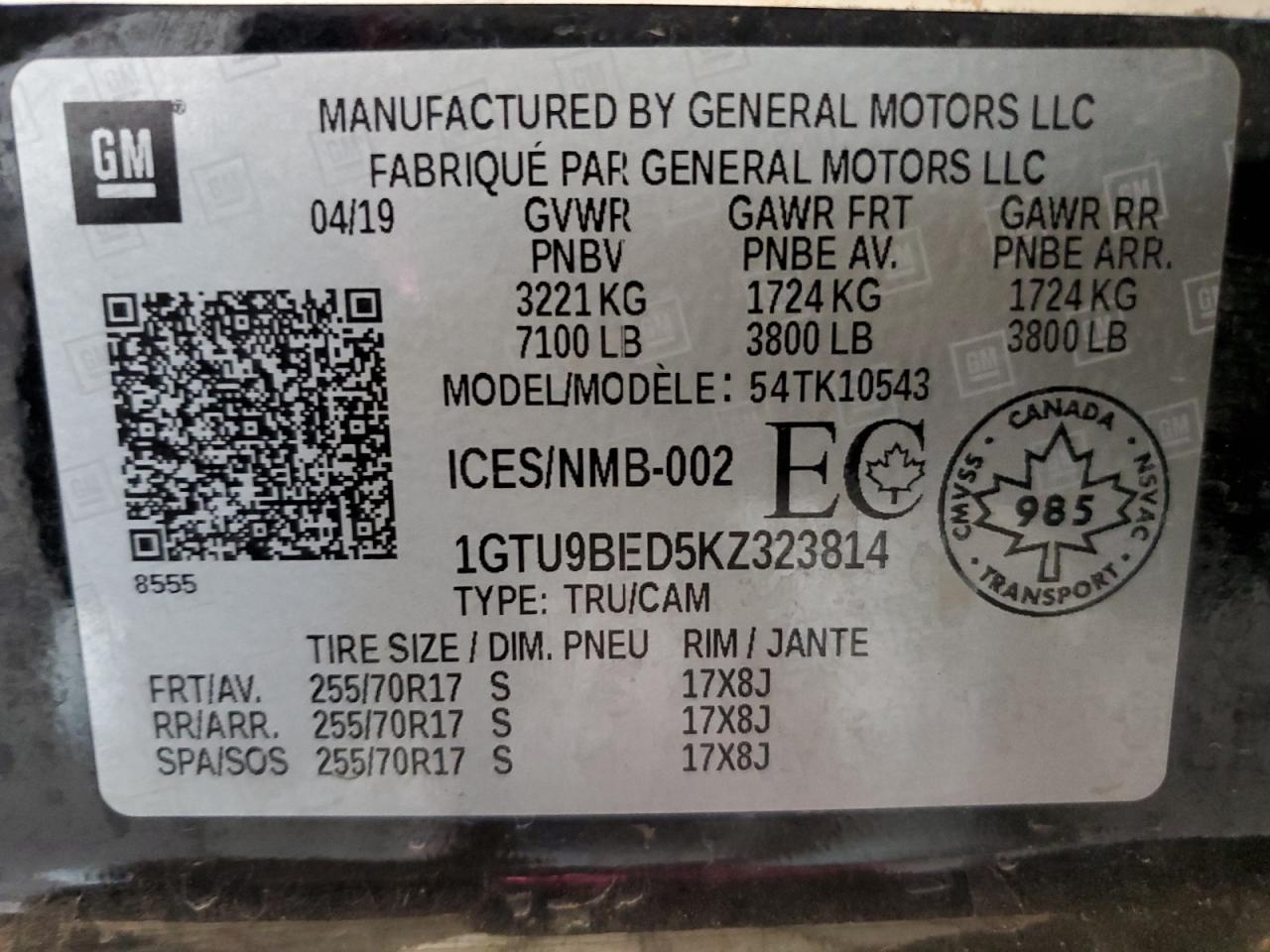 2019 GMC Sierra K1500 Sle VIN: 1GTU9BED5KZ323814 Lot: 60970084
