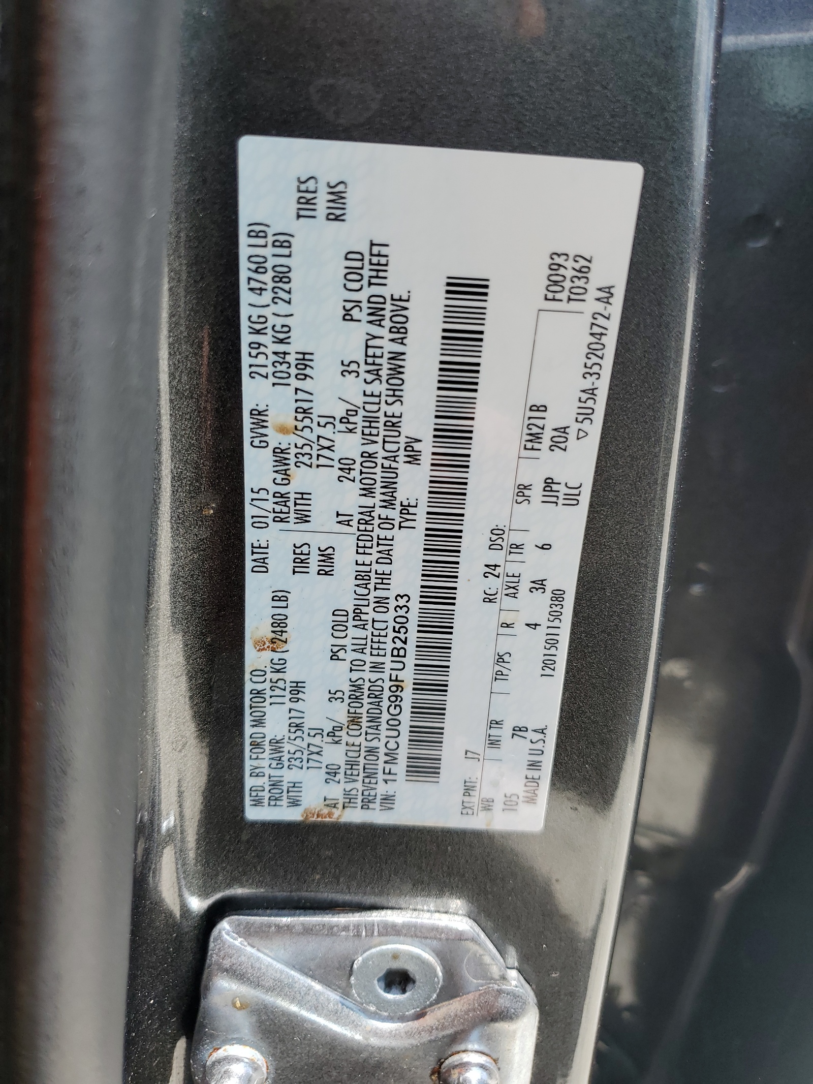 1FMCU0G99FUB25033 2015 Ford Escape Se