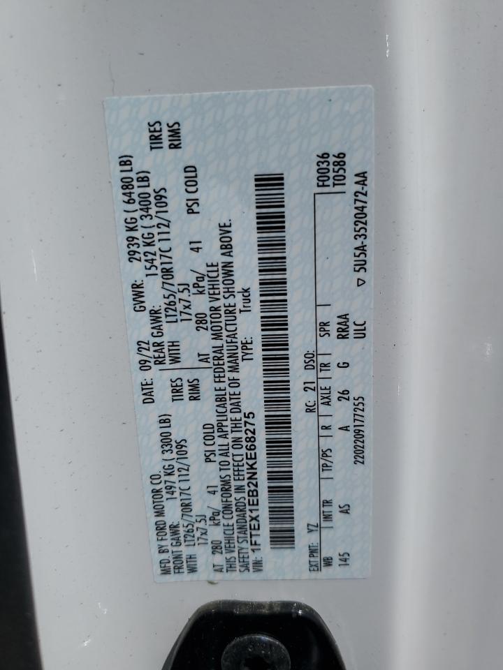 2022 Ford F150 Super Cab VIN: 1FTEX1EB2NKE68275 Lot: 58285534