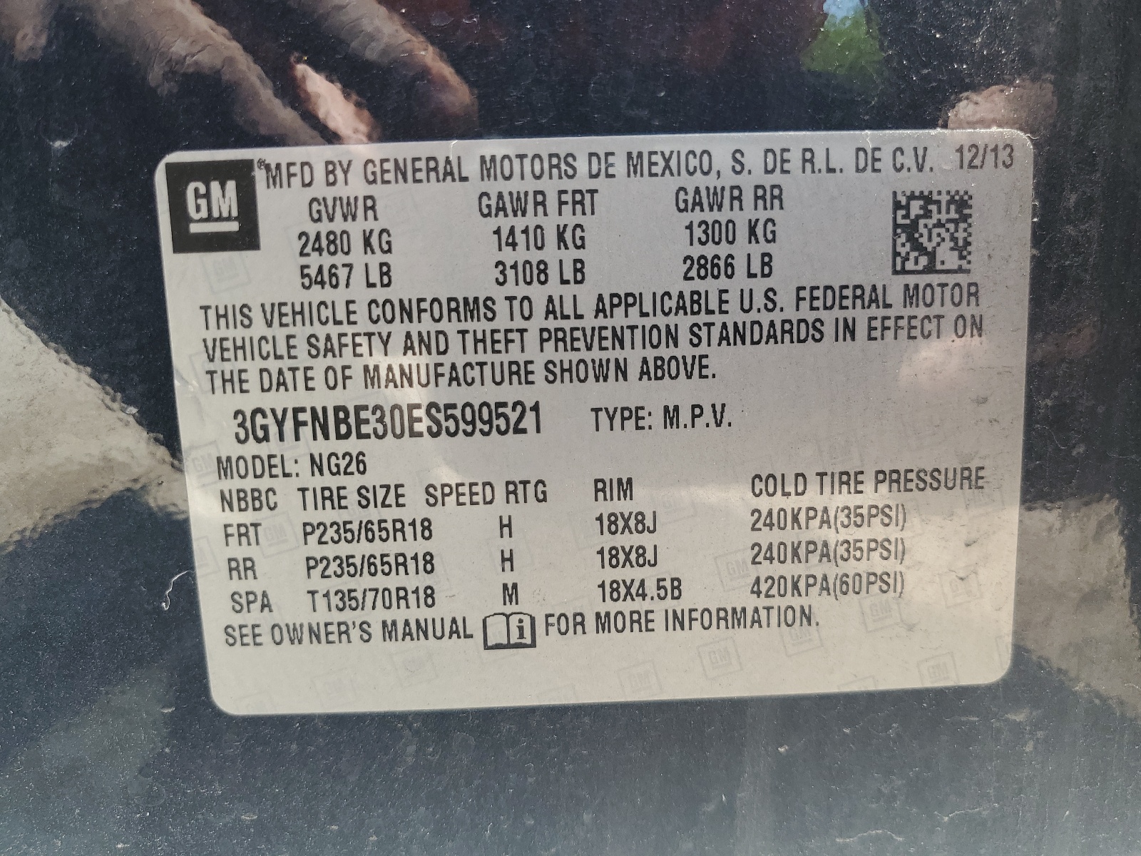 3GYFNBE30ES599521 2014 Cadillac Srx Luxury Collection