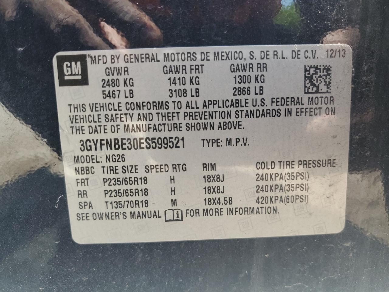 2014 Cadillac Srx Luxury Collection VIN: 3GYFNBE30ES599521 Lot: 59940584