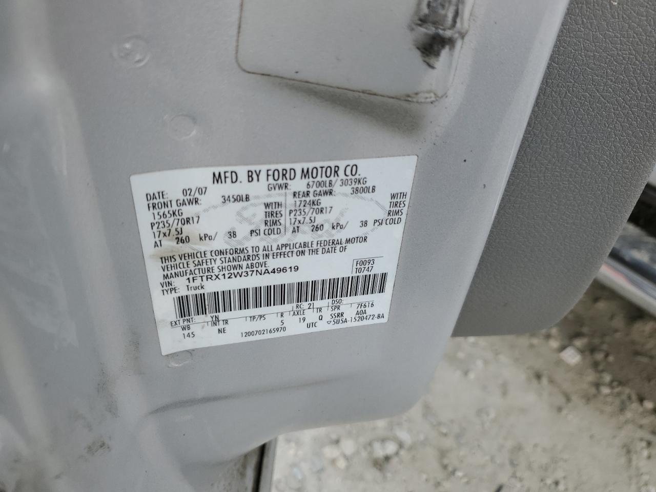 2007 Ford F150 VIN: 1FTRX12W37NA49619 Lot: 59430304