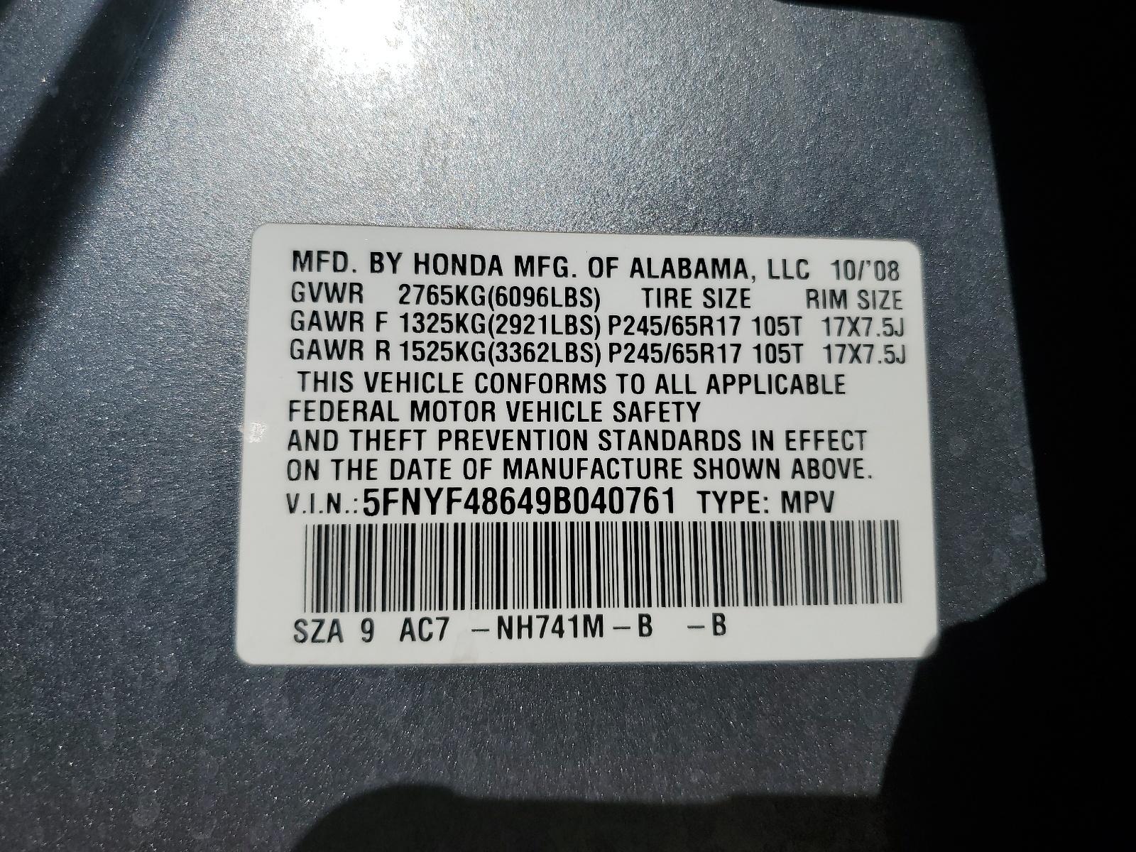 5FNYF48649B040761 2009 Honda Pilot Exl