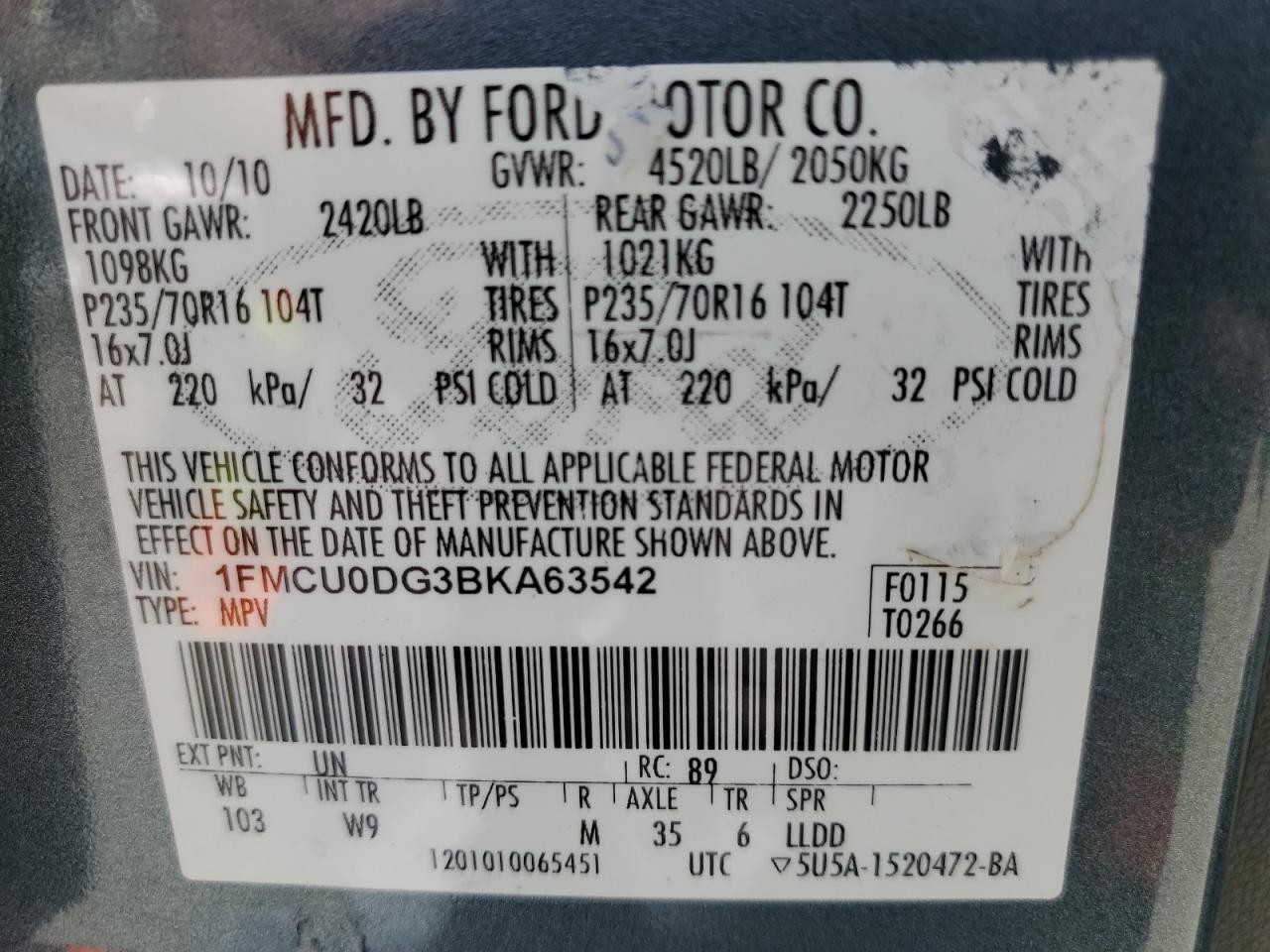 2011 Ford Escape Xlt VIN: 1FMCU0DG3BKA63542 Lot: 56601284
