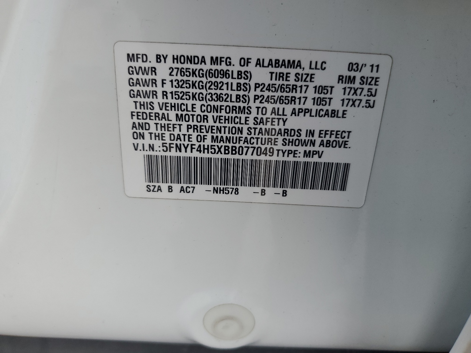5FNYF4H5XBB077049 2011 Honda Pilot Exl