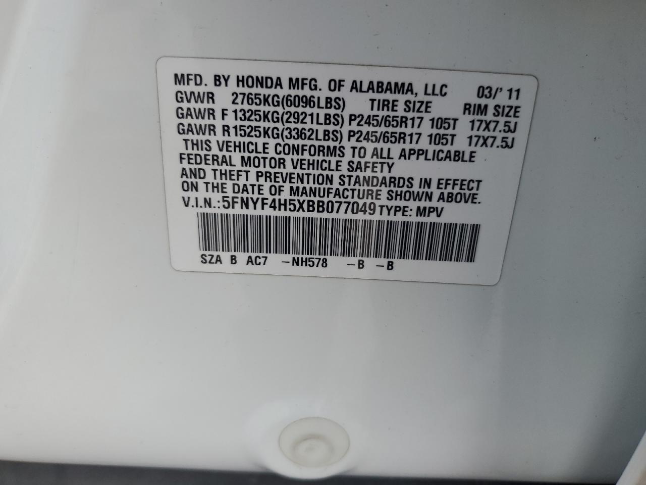 2011 Honda Pilot Exl VIN: 5FNYF4H5XBB077049 Lot: 59058504