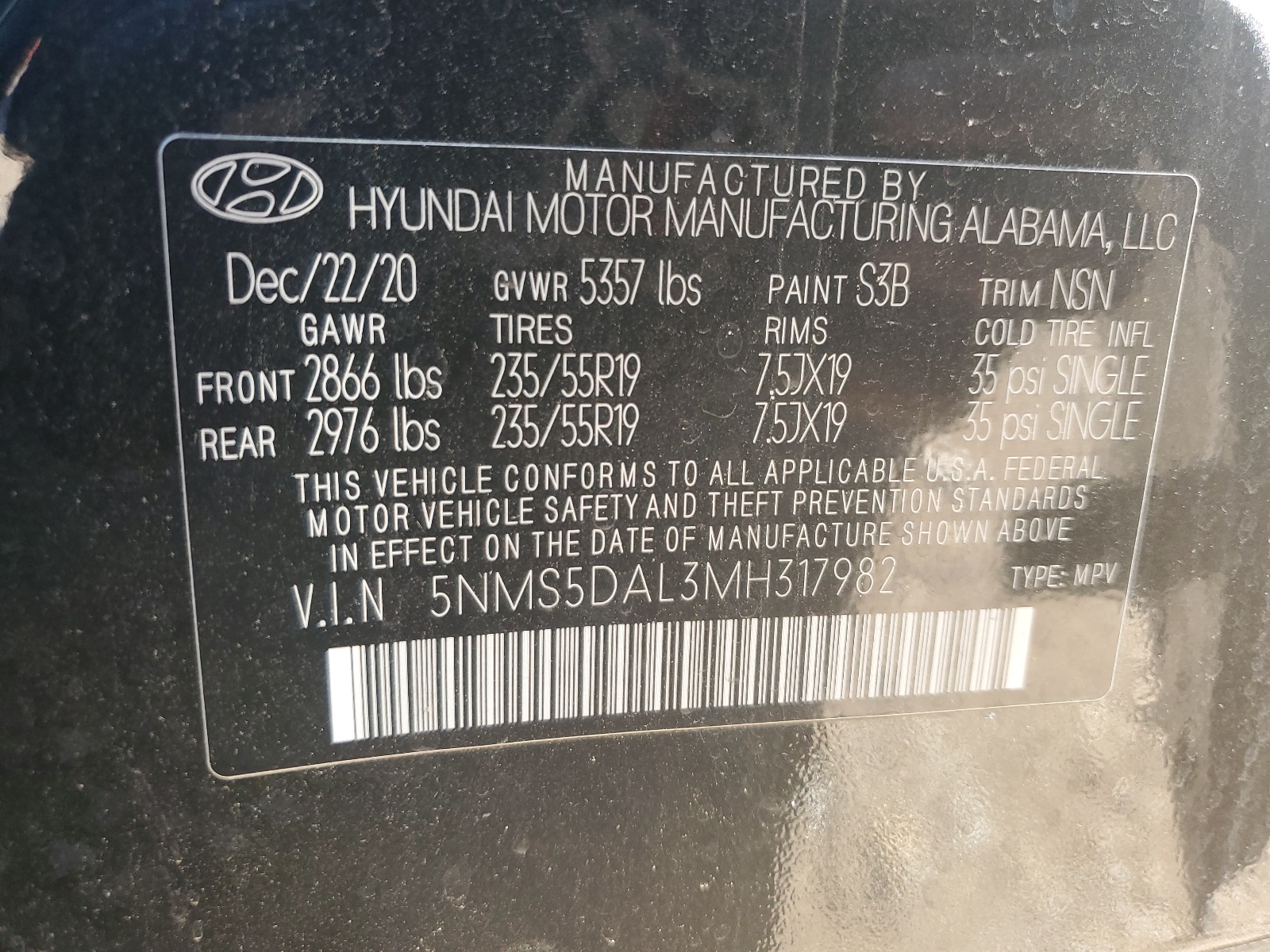 2021 Hyundai Santa Fe Calligraphy vin: 5NMS5DAL3MH317982