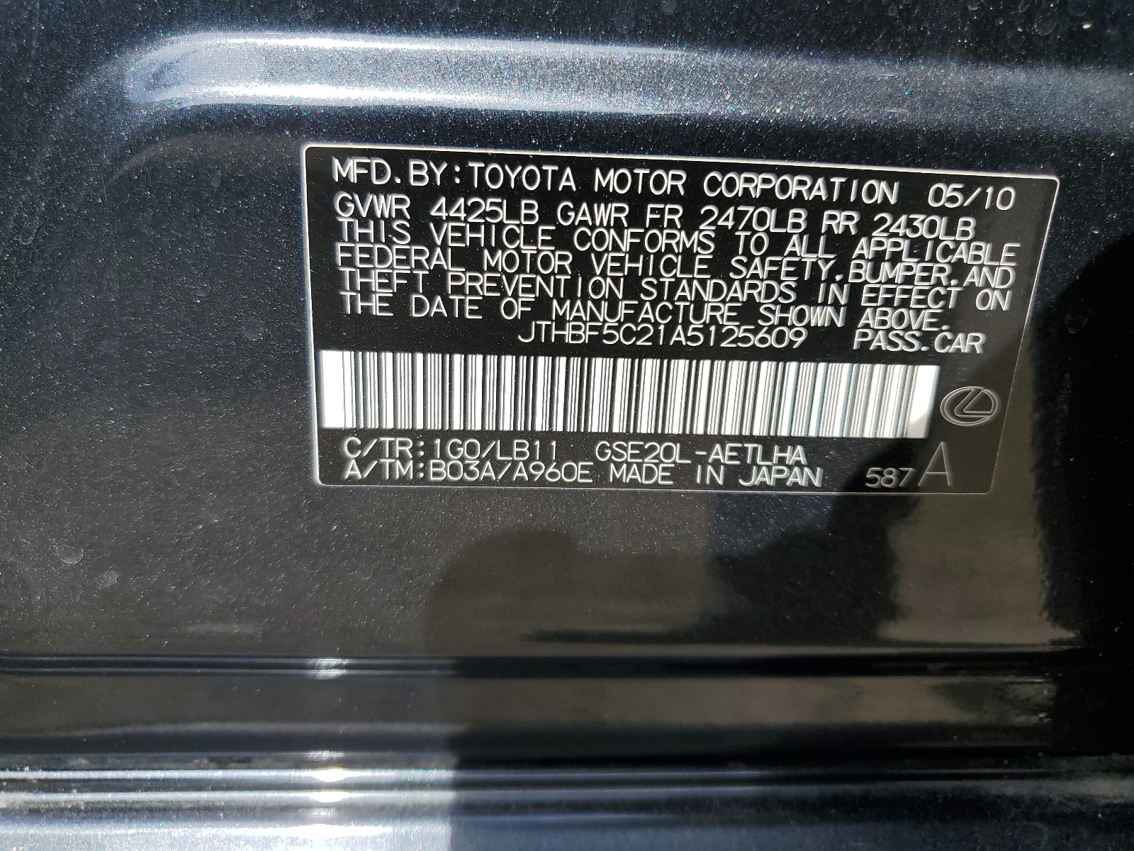 JTHBF5C21A5125609 2010 Lexus Is 250