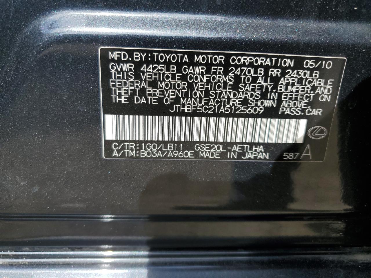 2010 Lexus Is 250 VIN: JTHBF5C21A5125609 Lot: 59444324