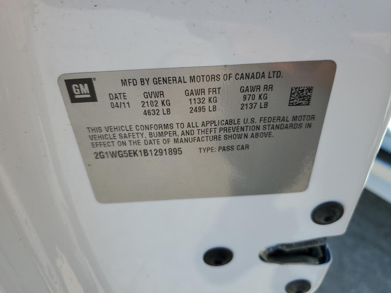 2011 Chevrolet Impala Lt VIN: 2G1WG5EK1B1291895 Lot: 59252644