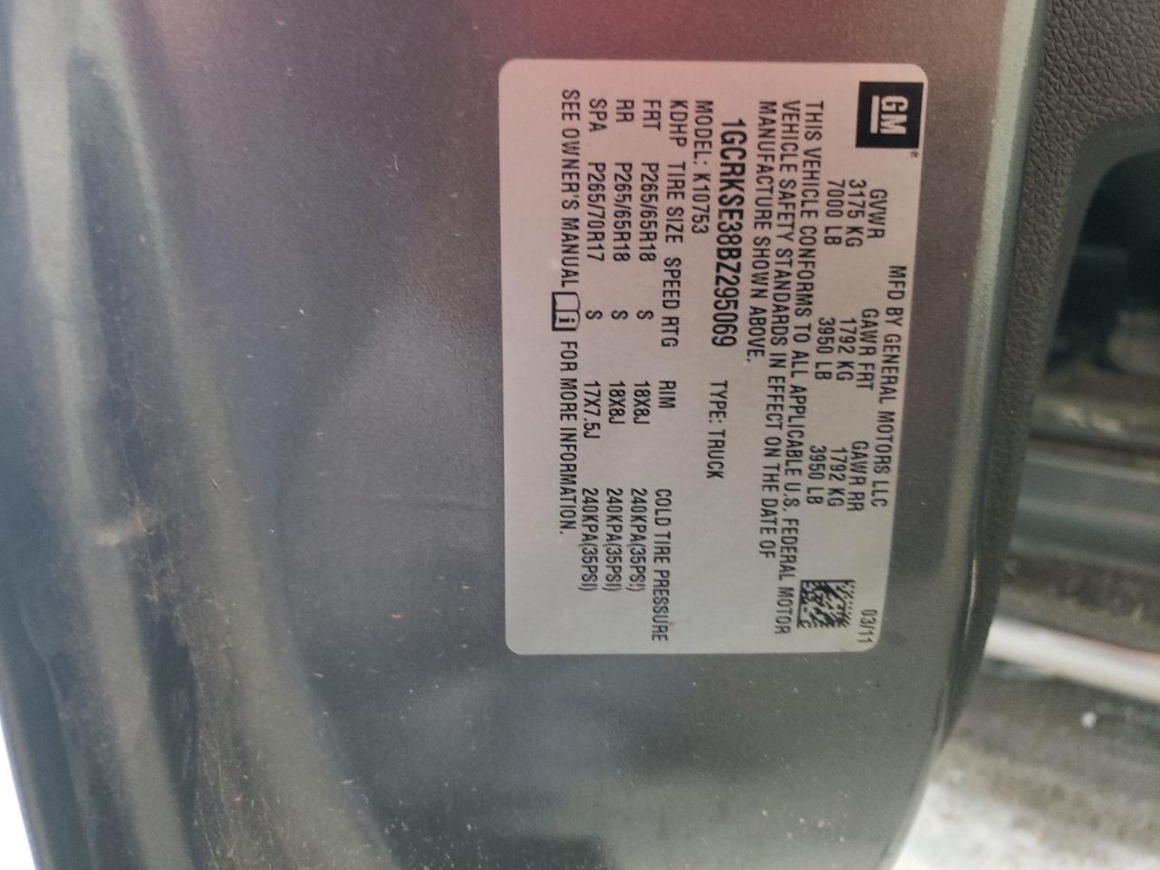 2011 Chevrolet Silverado K1500 Lt VIN: 1GCRKSE38BZ295069 Lot: 58430004