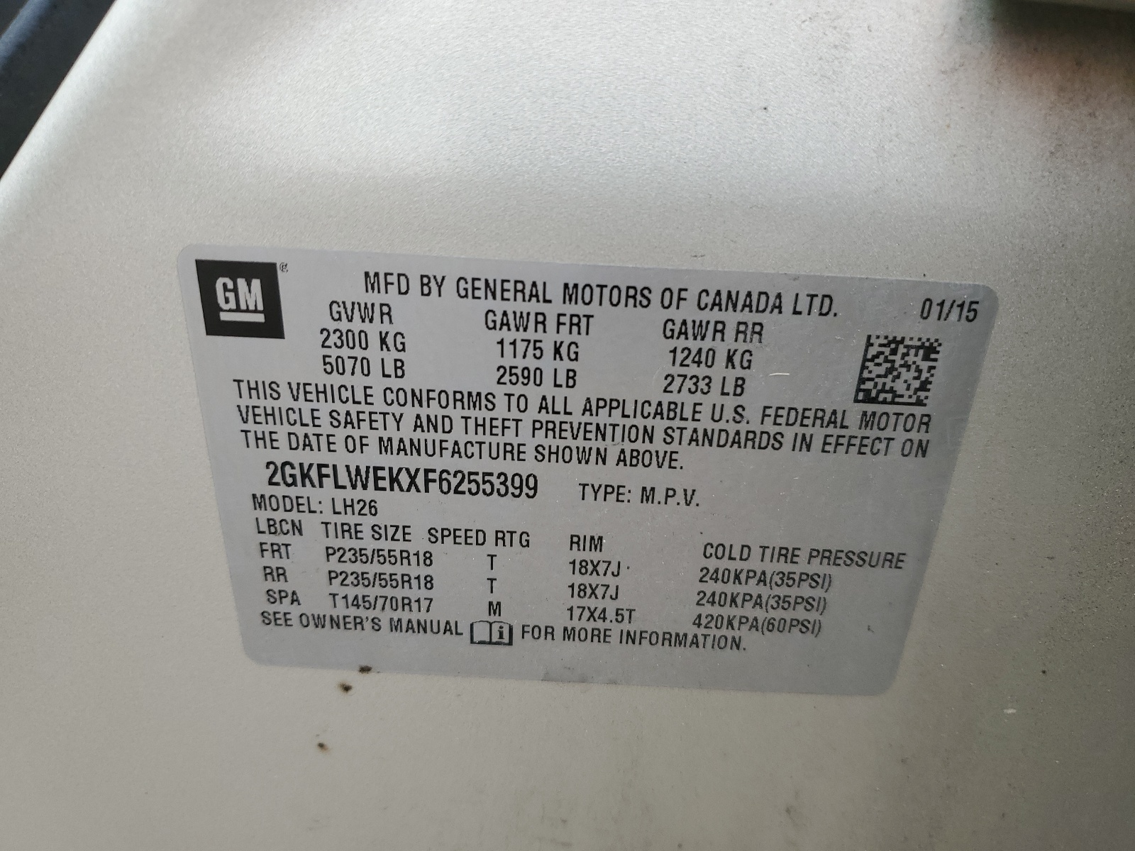 2GKFLWEKXF6255399 2015 GMC Terrain Sle