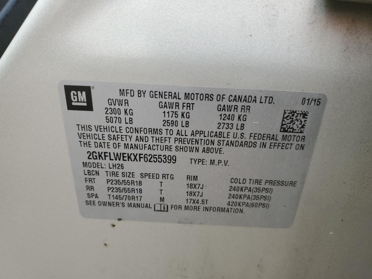 2015 GMC Terrain Sle VIN: 2GKFLWEKXF6255399 Lot: 58061054