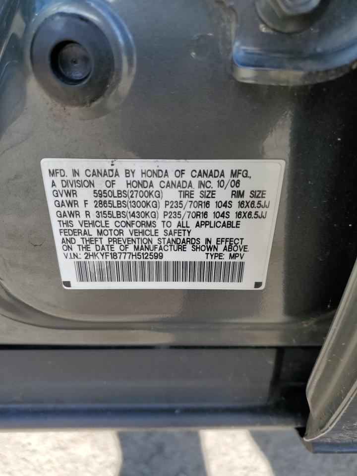 2007 Honda Pilot Exl VIN: 2HKYF18777H512599 Lot: 60467544