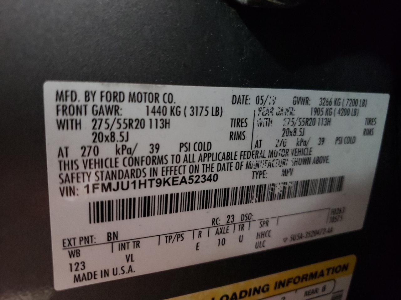 2019 Ford Expedition Xlt VIN: 1FMJU1HT9KEA52340 Lot: 60522884