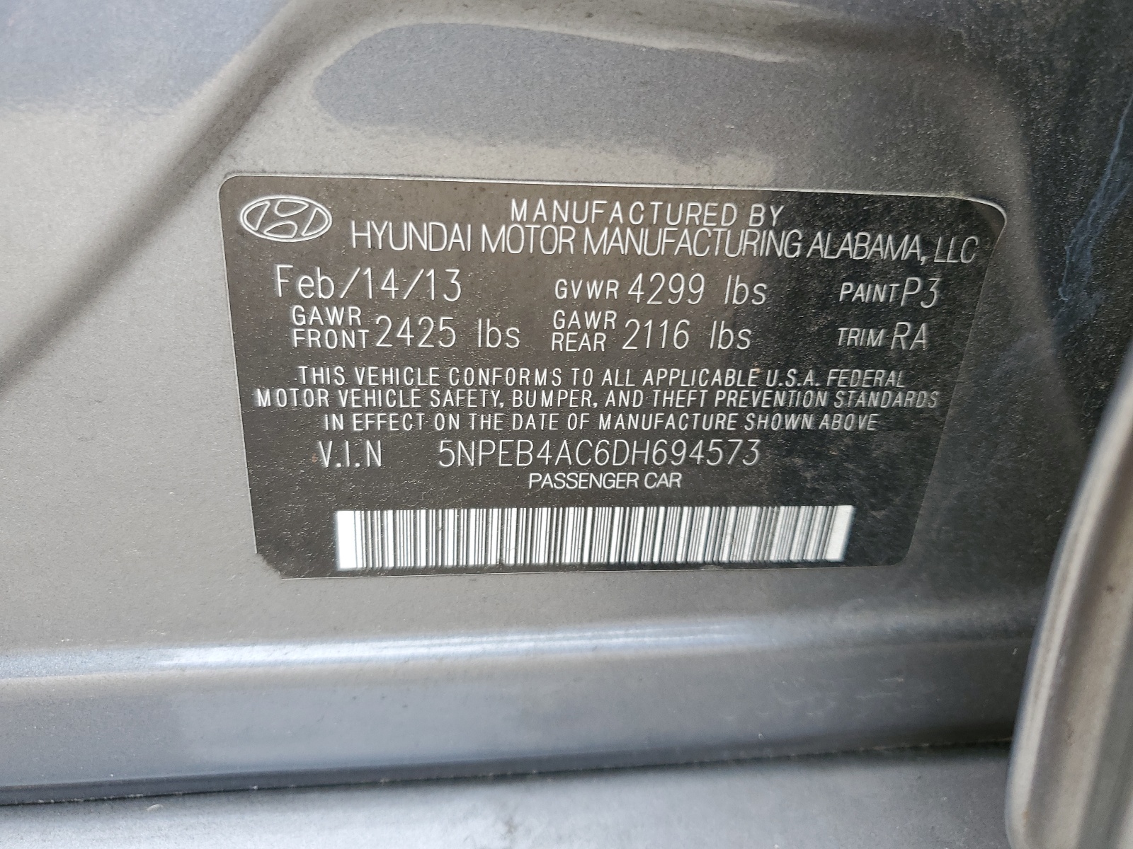 5NPEB4AC6DH694573 2013 Hyundai Sonata Gls