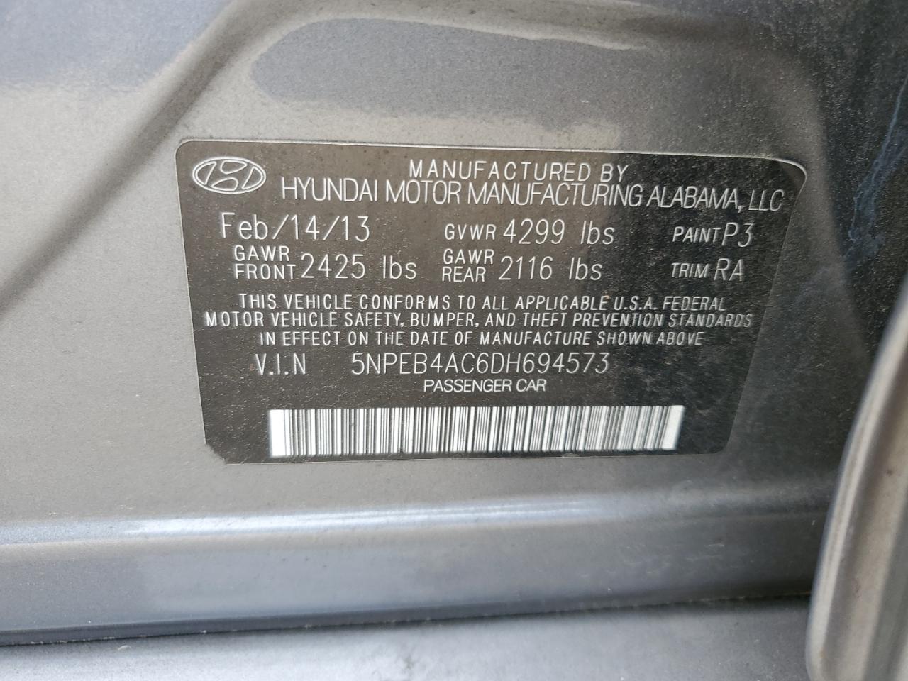 2013 Hyundai Sonata Gls VIN: 5NPEB4AC6DH694573 Lot: 59239054