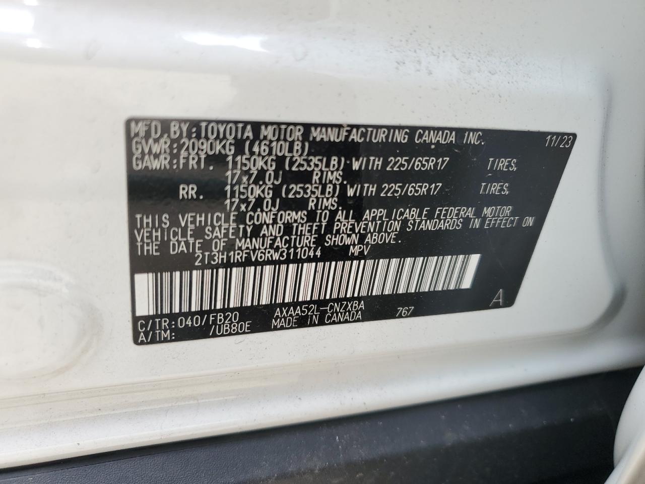 2024 Toyota Rav4 Le VIN: 2T3H1RFV6RW311044 Lot: 60757434