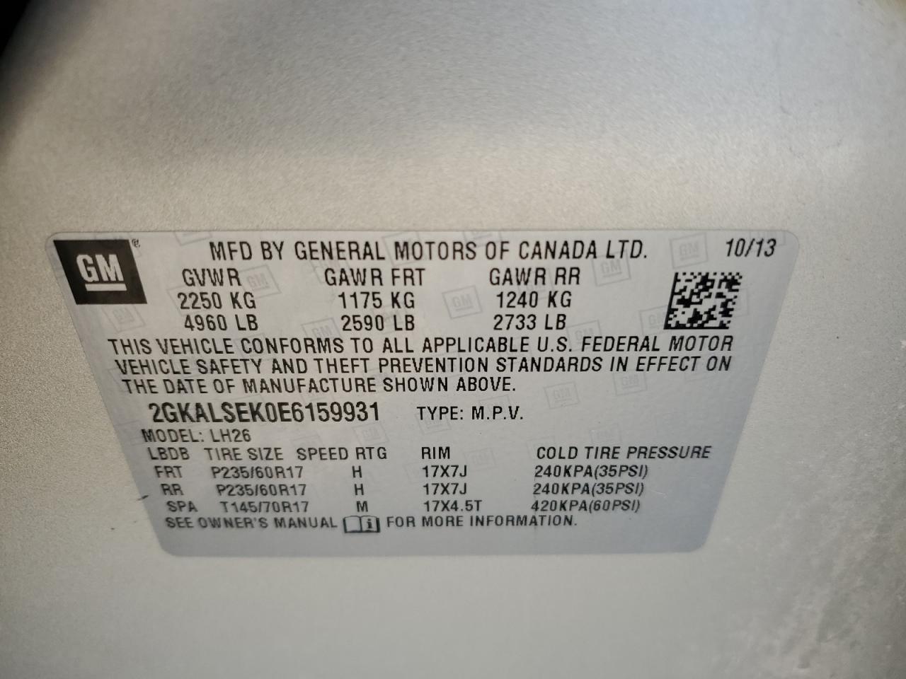 2014 GMC Terrain Slt VIN: 2GKALSEK0E6159931 Lot: 59647374