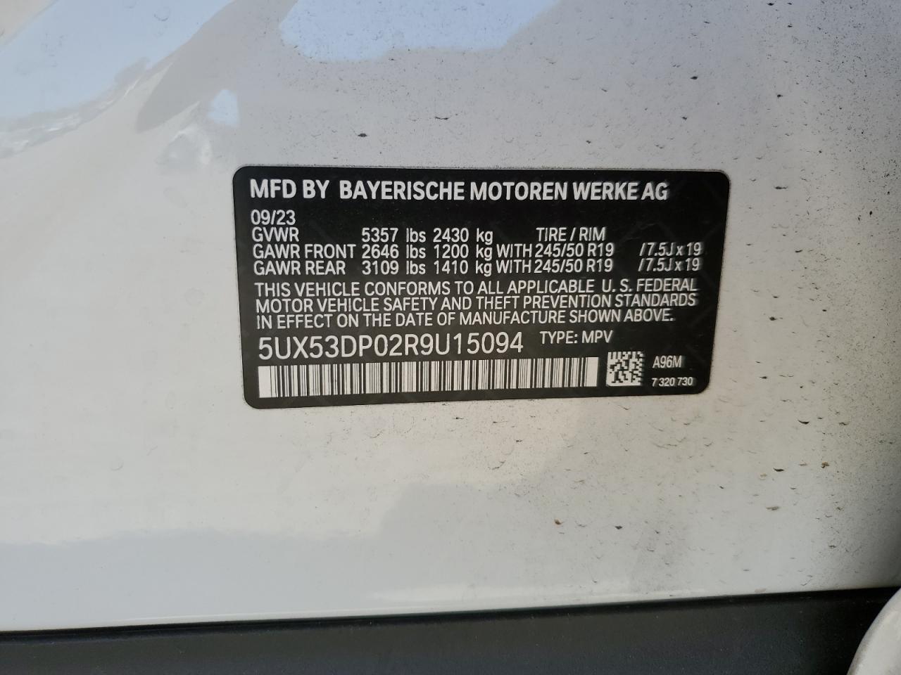 2024 BMW X3 xDrive30I VIN: 5UX53DP02R9U15094 Lot: 56298604