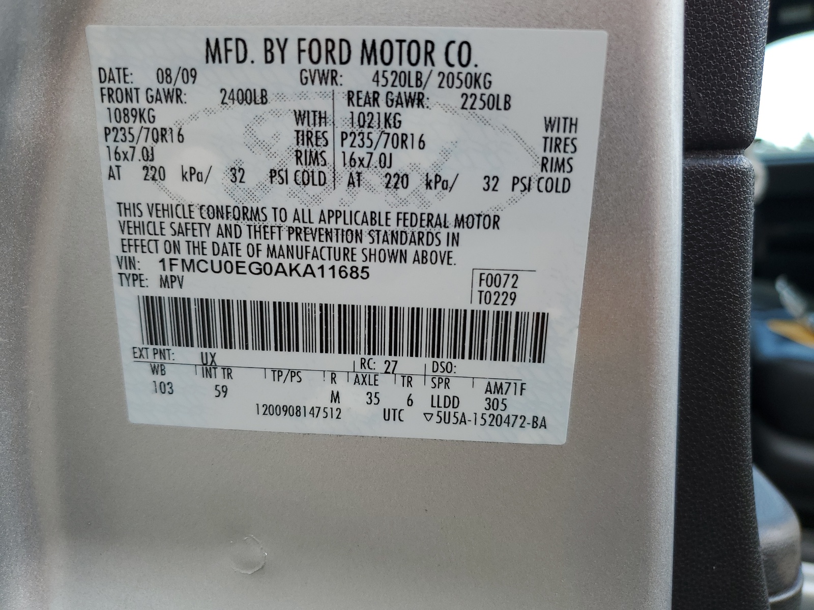 1FMCU0EG0AKA11685 2010 Ford Escape Limited