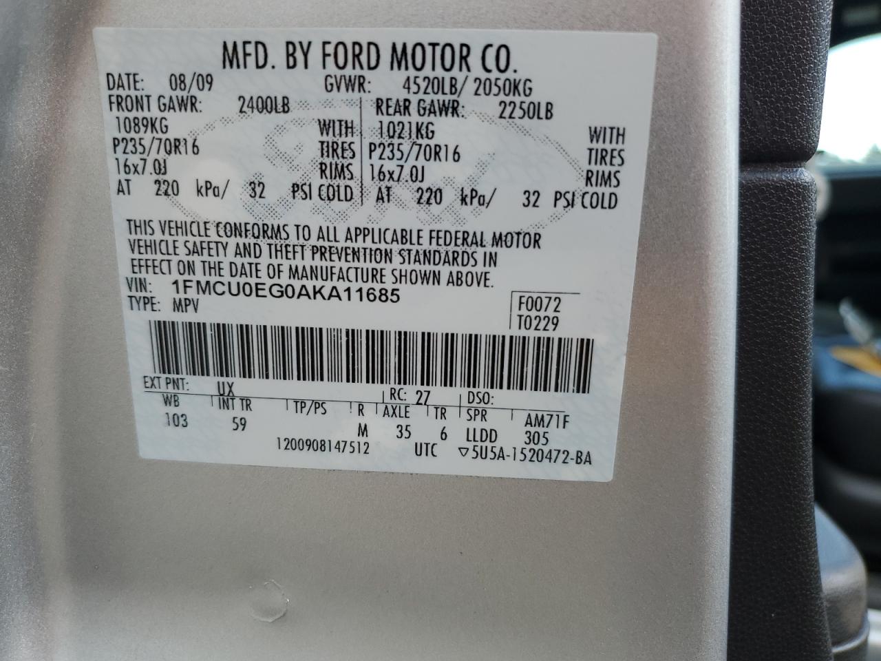 2010 Ford Escape Limited VIN: 1FMCU0EG0AKA11685 Lot: 60238454
