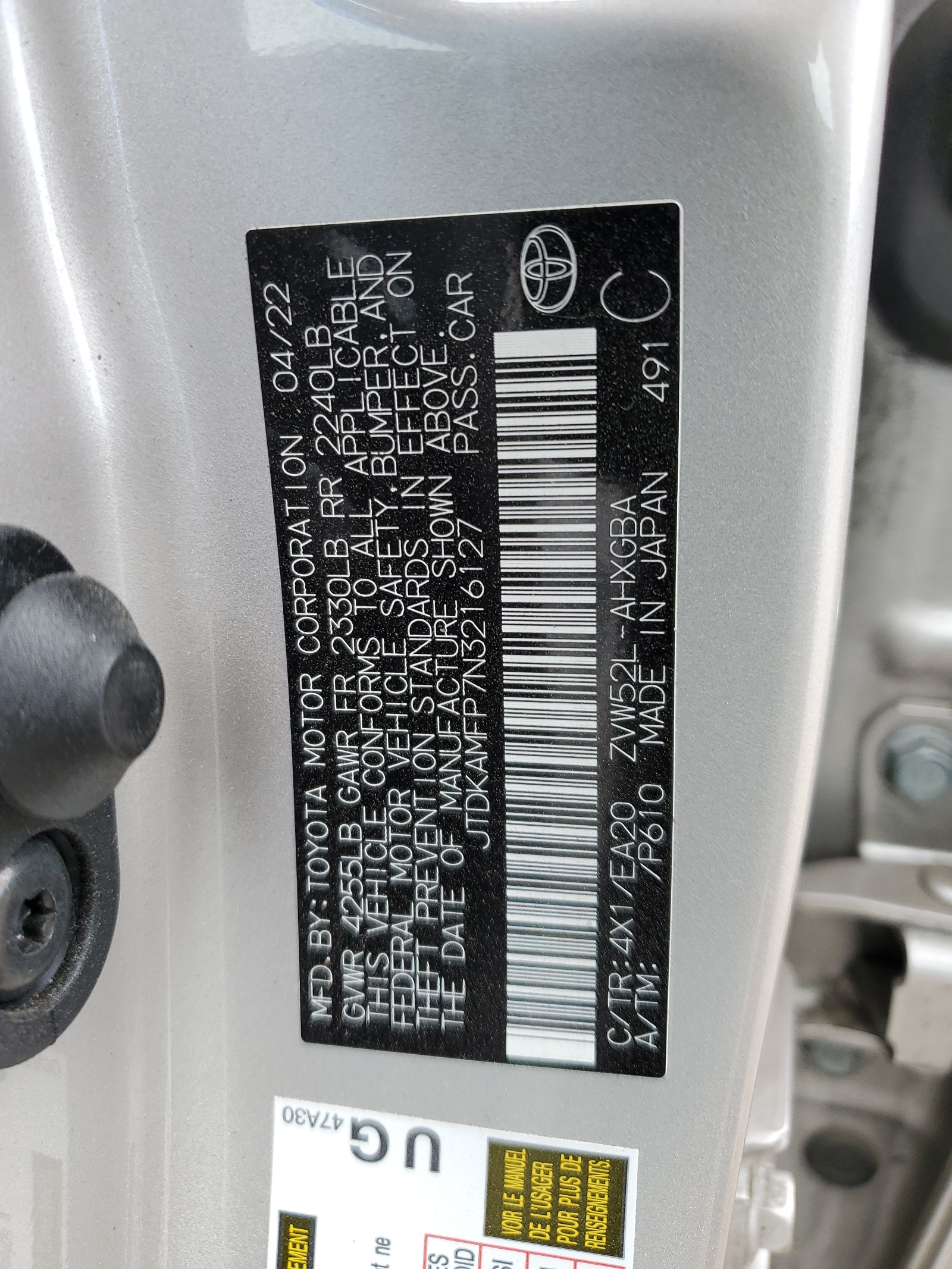 JTDKAMFP7N3216127 2022 Toyota Prius Prime Le