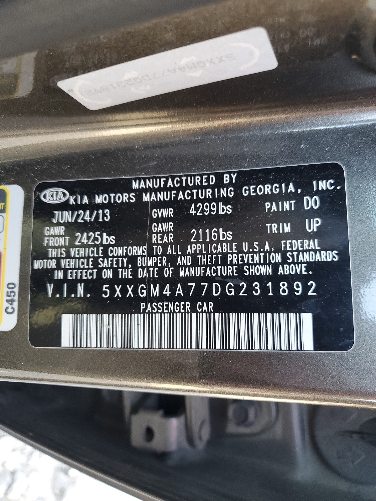 5XXGM4A77DG231892 2013 Kia Optima Lx