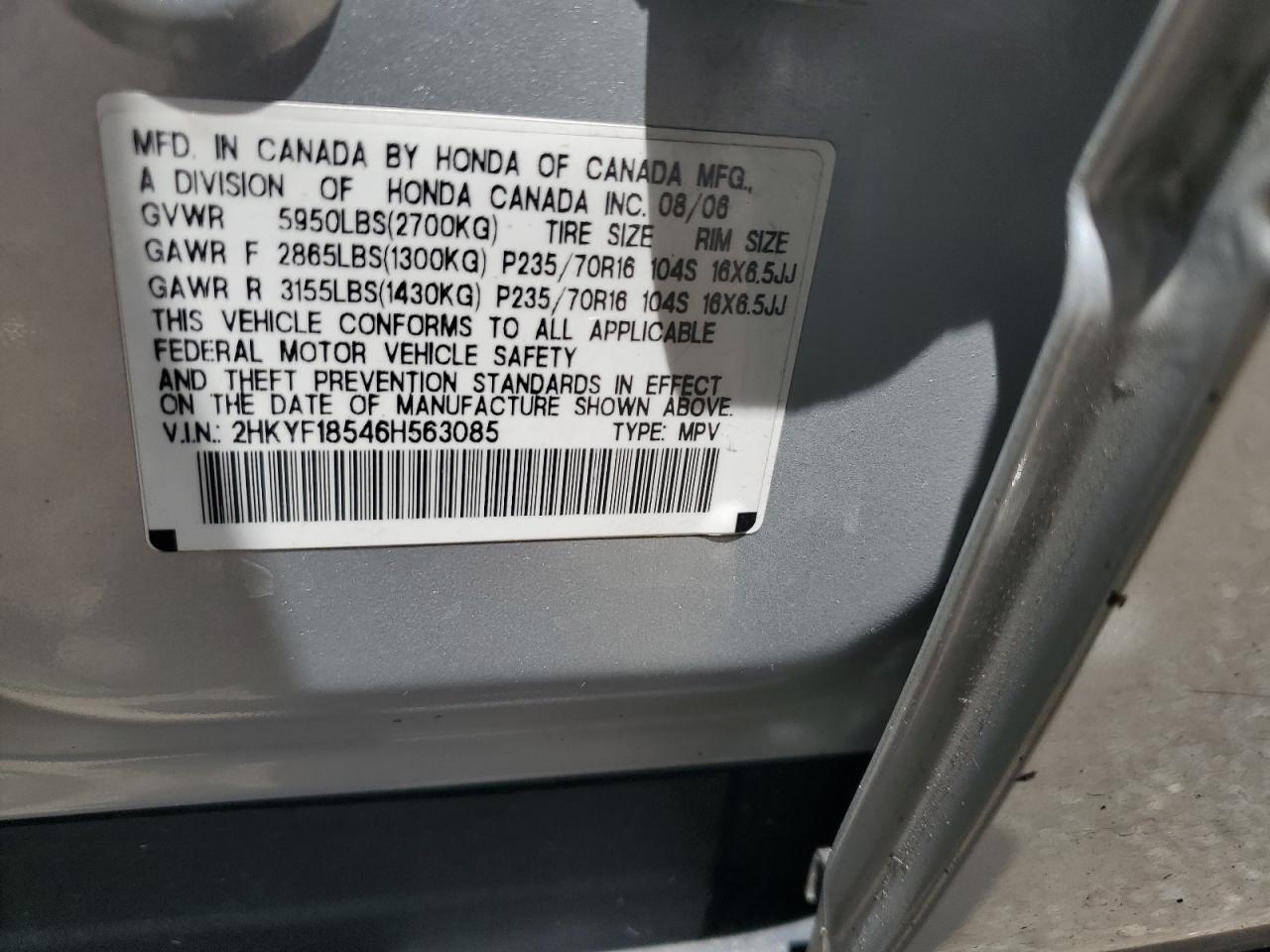 2006 Honda Pilot Ex VIN: 2HKYF18546H563085 Lot: 57279794