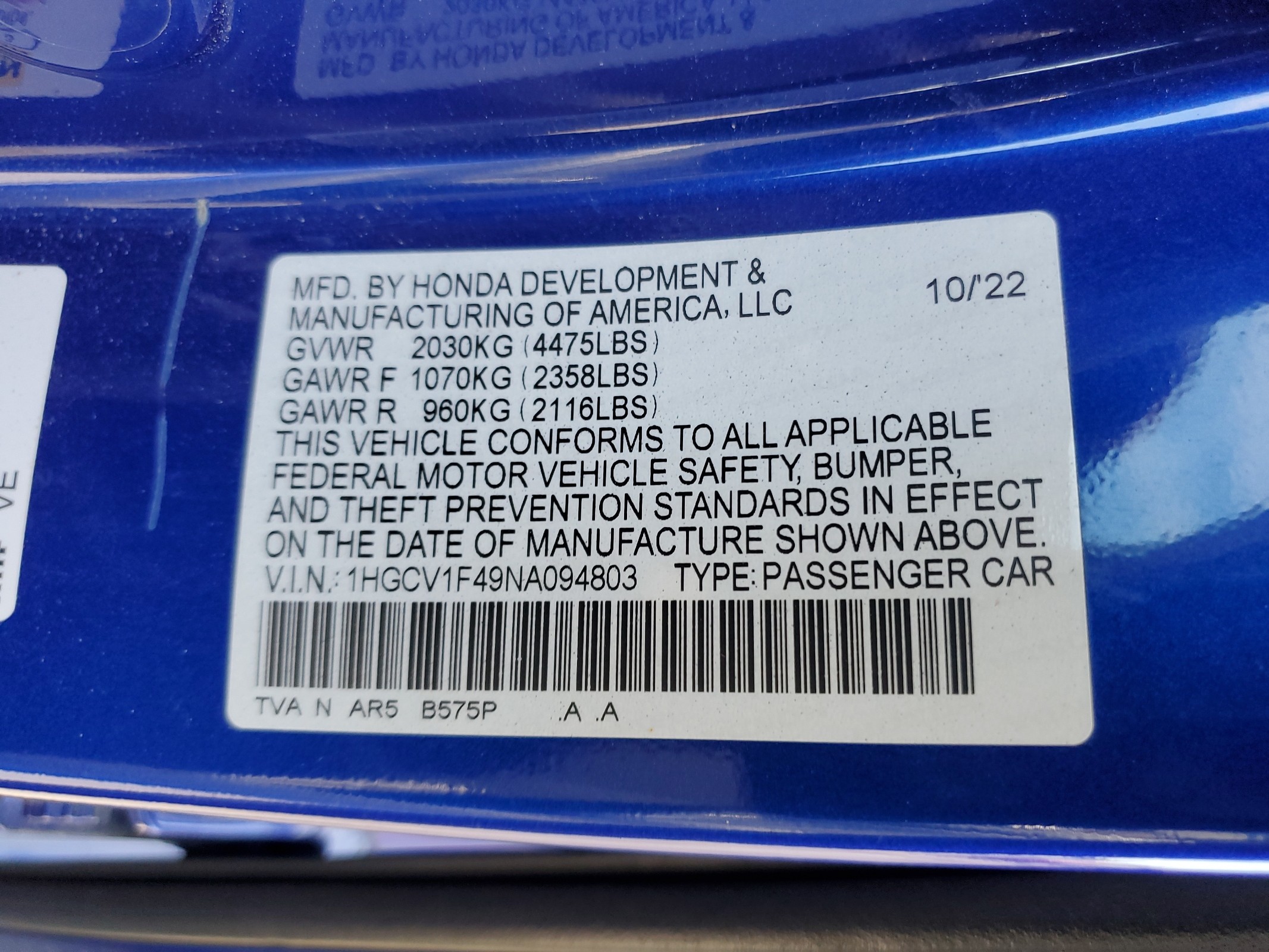 1HGCV1F49NA094803 2022 Honda Accord Sport Se